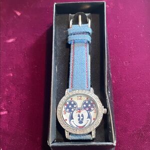 Disney Mickey Mouse Patriotic Rhinestone‎ Watch Denim Band New in Box